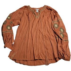 Esley Rust Orange Boho Embroidered Blouse Women's Medium